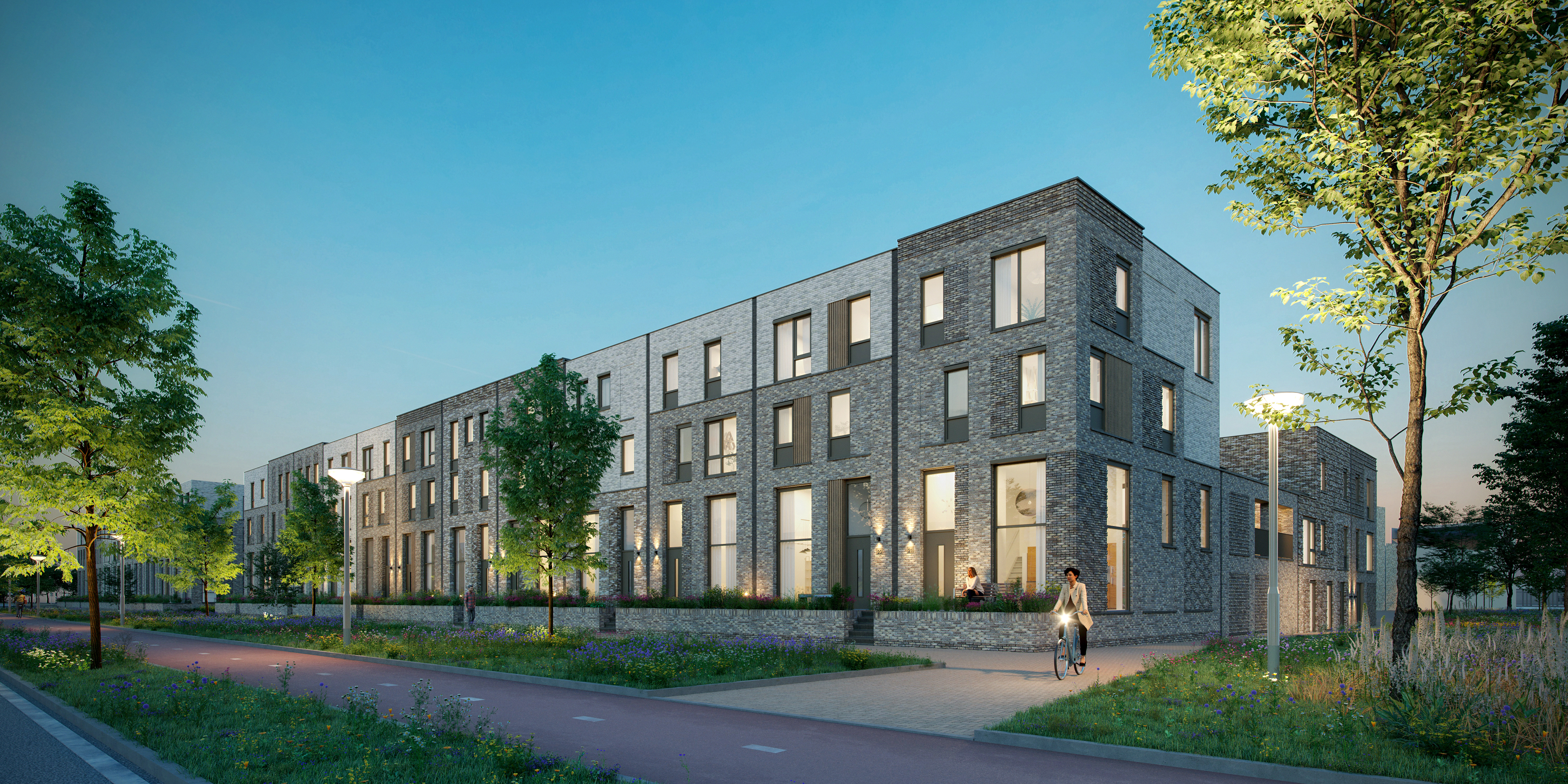 Blok E — avondbeeld stedelijke rand